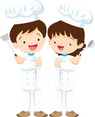 cute Cooking childrens. Little kids making food profession chef character