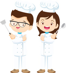 cute Cooking childrens. Little kids making food profession chef character