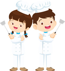 cute Cooking childrens. Little kids making food profession chef character