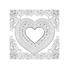The heart-shaped frames ornate and floral elements are beautifully displayed in a Coloring Book.
