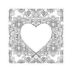 The heart-shaped frames ornate and floral elements are beautifully displayed in a Coloring Book.