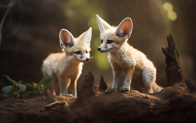 Naklejka na ściany i meble Sunset Watchers: Young Fennec Fox Pair Exploring Dusky Woods Together