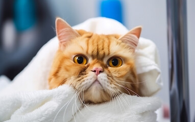 Post-Bath Majesty: Regal Persian Cat Wrapped in a Fluffy White Towel