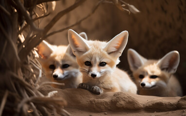 Fototapeta premium Trio of Young Fennec Foxes Nestled Together in Their Warm Desert Den