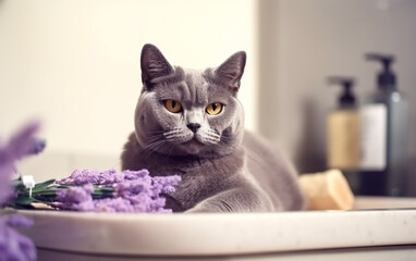 A serene British Shorthair cat enjoys a spa day surrounded by soothing lavender flowers