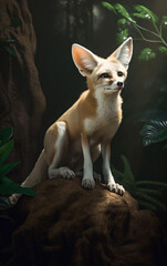 In a recreated habitat, a fennec fox stands gracefully atop a log, embodying its natural desert elegance