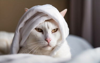 A white cat wrapped in a towel gives a serene look, resembling a feline sage in meditation