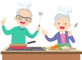elderly with their granddaughter grandson is cooking. Grandfather and grandmother. Family lunch.