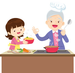 elderly with their granddaughter grandson is cooking. Grandfather and grandmother. Family lunch.