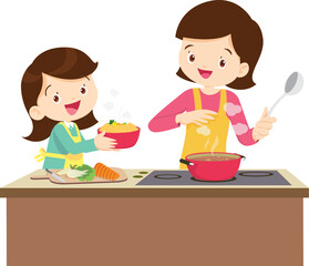 Happy family cooking. Mother and father with kids cook dishes in kitchen