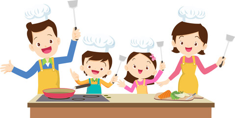 Happy family cooking. Mother and father with kids cook dishes in kitchen