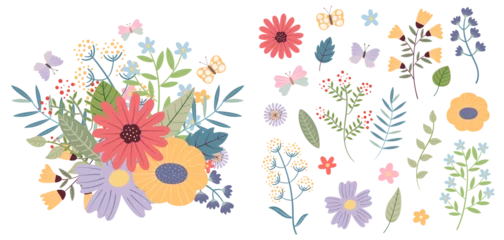 Deurstickers 花と葉っぱのイラストセット © Rico
