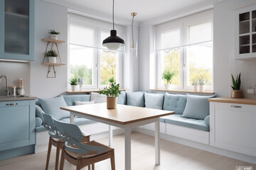 Fototapeta na wymiar Scandinavian interior style modern studio small apartment in white and light blue colors, furniture in living area and kitchen area, window sofa seating