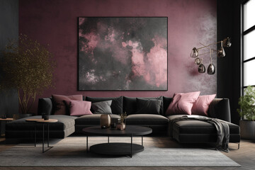 Stylish and modern interior, comfortable setting,. Luxury lounge, pink and dark grey black colours	