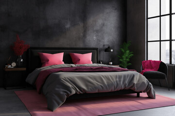 Stylish master bedroom interior, dark black, pink accent