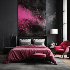 Stylish master bedroom interior, dark black, pink, accent