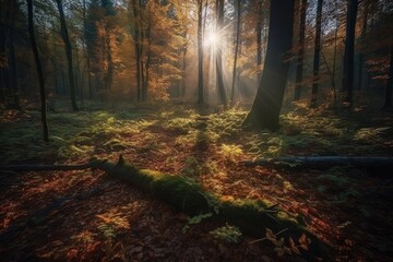 a beautiful day with sun stars in a forest (generative AI)