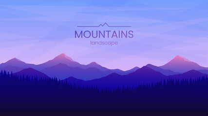 Fototapeta na wymiar Mountain landscape. The sun illuminates the tops of the mountain ranges. Mountains and trees in the evening twilight. Bright colors of the sky. Vector illustration. Banner, background, cover design.