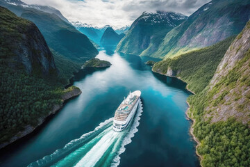 Cruise ship passes a narrow canyon of rock, one of the many natural wonders that can be found in Norwegian fjords. AI generative - obrazy, fototapety, plakaty