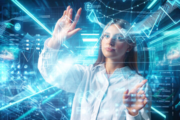Young businesswoman touching hologram screen with virtual reality..Metaverse technology concept.