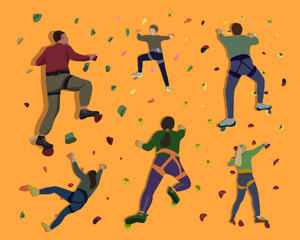 Vector isolated illustration of a set of people on a climbing wall. Training for climbers. Bouldering.