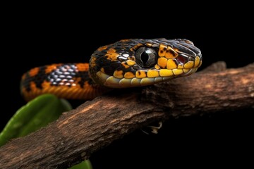 Fototapeta premium In the spring or summer, a black immature tiny snake, or natrix, is seen wiggling on a branch against an isolated background. Generative AI