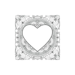 The heart-shaped frames ornate and floral elements are beautifully displayed in a Coloring Book.