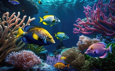 Naklejka na ściany i meble Colorful tropical fish, Underwater Scene With Coral Reef And Tropical Fish, Animals of the underwater sea world