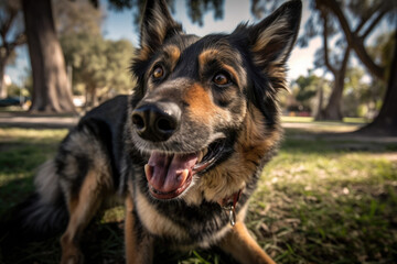 Fototapeta premium beautiful German Shepherd Dog playing in a park at dusk