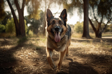 Naklejka premium beautiful German Shepherd Dog playing in a park at dusk