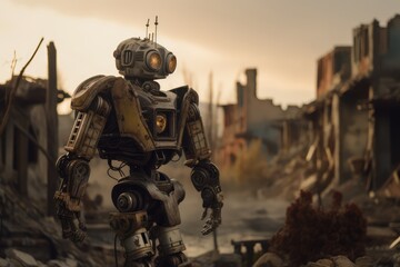 A robot standing in a ruined city after the war, made with generated ai