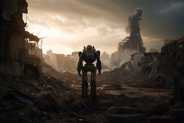 A robot standing in a ruined city after the war, made with generated ai