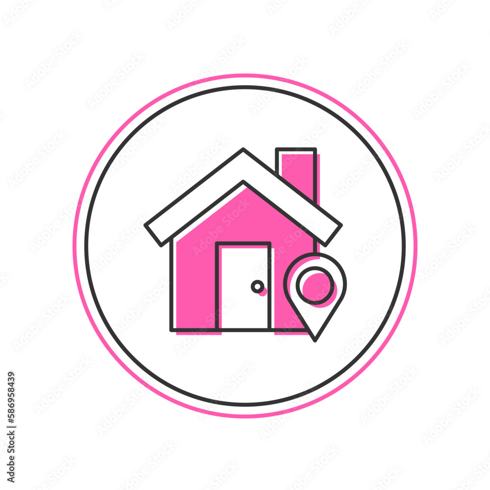 Poster filled outline map pointer with house icon isolated on white background. home location marker symbol