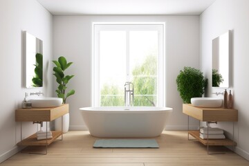 Naklejka na ściany i meble Interior of bathroom with bathtub and two sinks, deck mounted soap and gel dispenser, towel rack, and large plant in pot on parquet floor. blank space for wall copy,. Generative AI