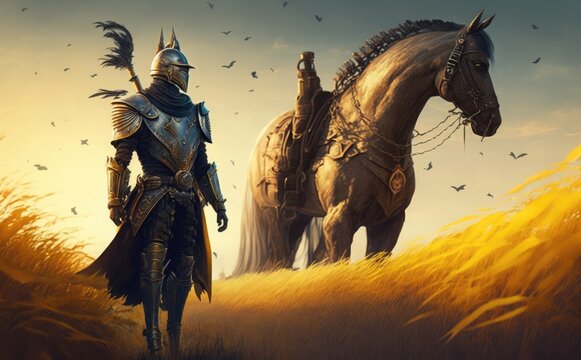 A man in a suit of Armor rides a horse in a golden field.