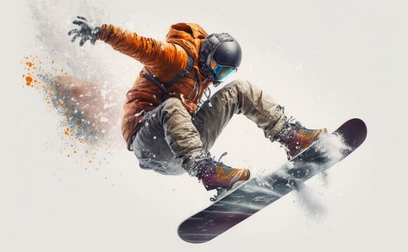 A person on a snowboard is doing a trick in the air, 	
A drawing of a snowboarder that is in the air.