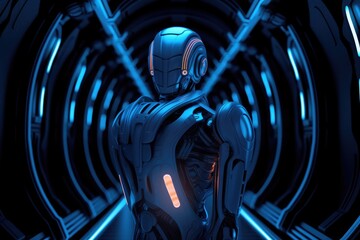 Robot in a futuristic scifi setting, made with generative ai
