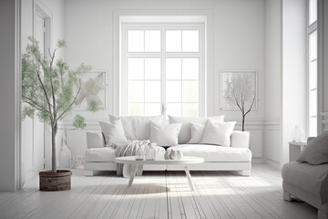 Fototapeta na wymiar modern living room with minimalist white furniture and a potted tree as a natural touch. Generative AI