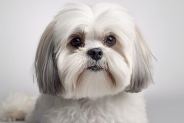 Shih Tzu Maltese dog portrait with a white backdrop. Generative AI