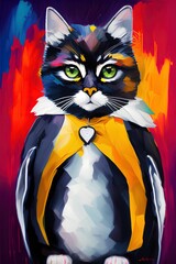 Oil paint style penguin costumed cat portrait.
