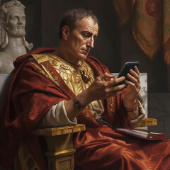 Julius Caesar holding a smartphone. Created by generative ai - obrazy, fototapety, plakaty