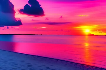 Fototapeta na wymiar Beautiful sea sunset view, ocean, tropical island beach nature, red pink sky - generative ai 
