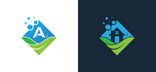 Square Cleaning Service with leaf Logo Concept symbol icon sign Element Design. Bubble, House, Home, Plumber, Plumbing Logotype. Vector illustration template