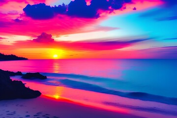 Naklejka na ściany i meble Beautiful sea sunset view, ocean, tropical island beach nature, red pink sky - generative ai 