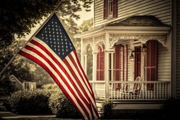 Traditional house with the USA flag in front. Gnerative ai