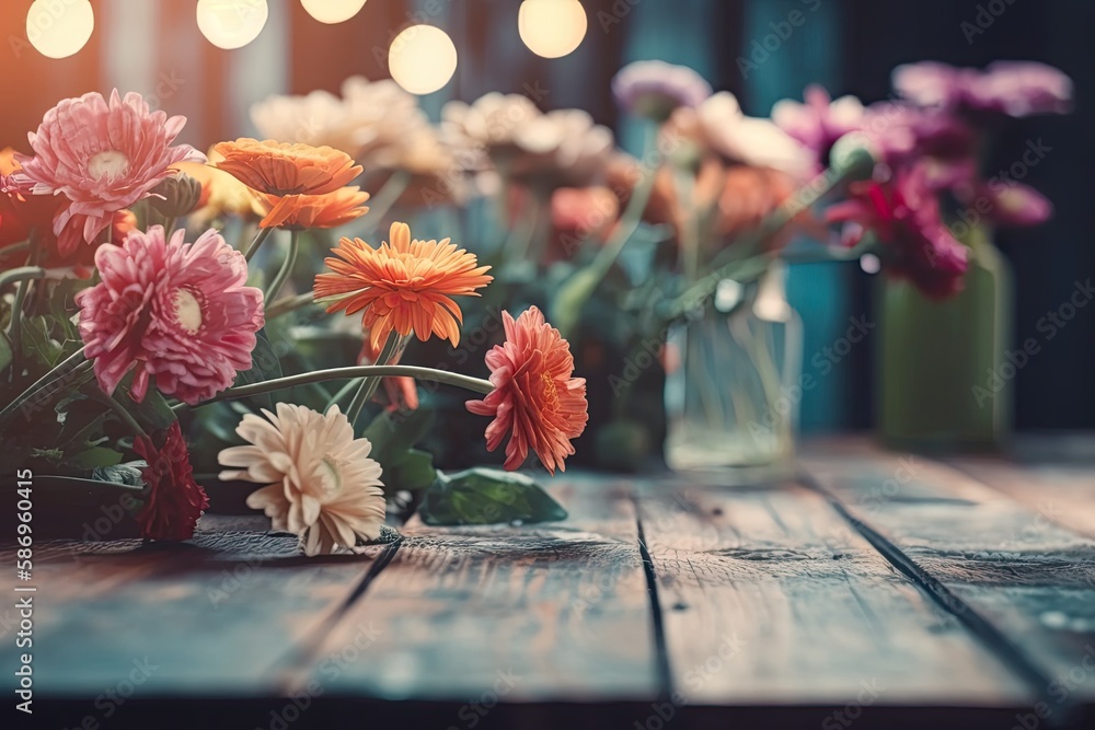 Wall mural rustic wooden table decorated with colorful vases filled with fresh flowers. Generative AI