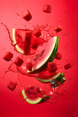 Ripe juicy watermelon with splashes of drops of water or juice on a red background, Generative AI 2