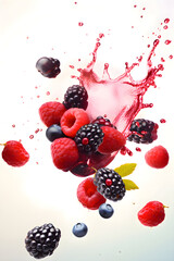 Ripe juicy berries with splashes of drops of water or juice on a white background, Generative AI