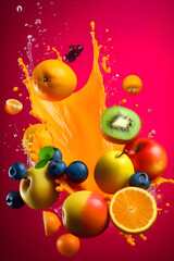 Fototapeta na wymiar Ripe juicy multifruit with splashes of drops of juice on a pink background, Generative AI