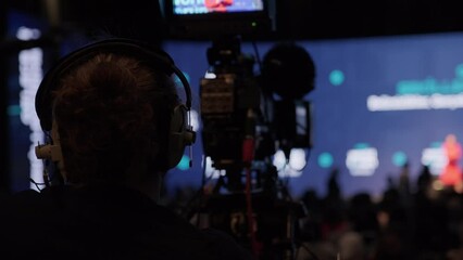 Press and media camera in broadcasting event. Paparazzi, News and sports at work.